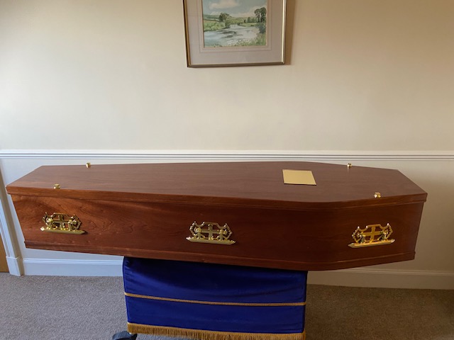 Mahogany cremation coffin with cross handles