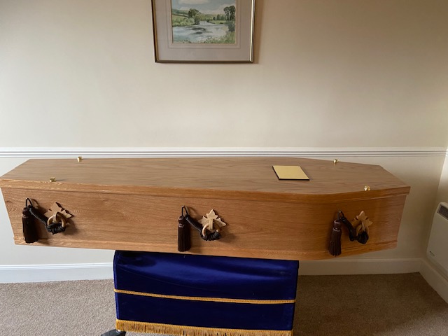 Light oak burial coffin with soild oak handles